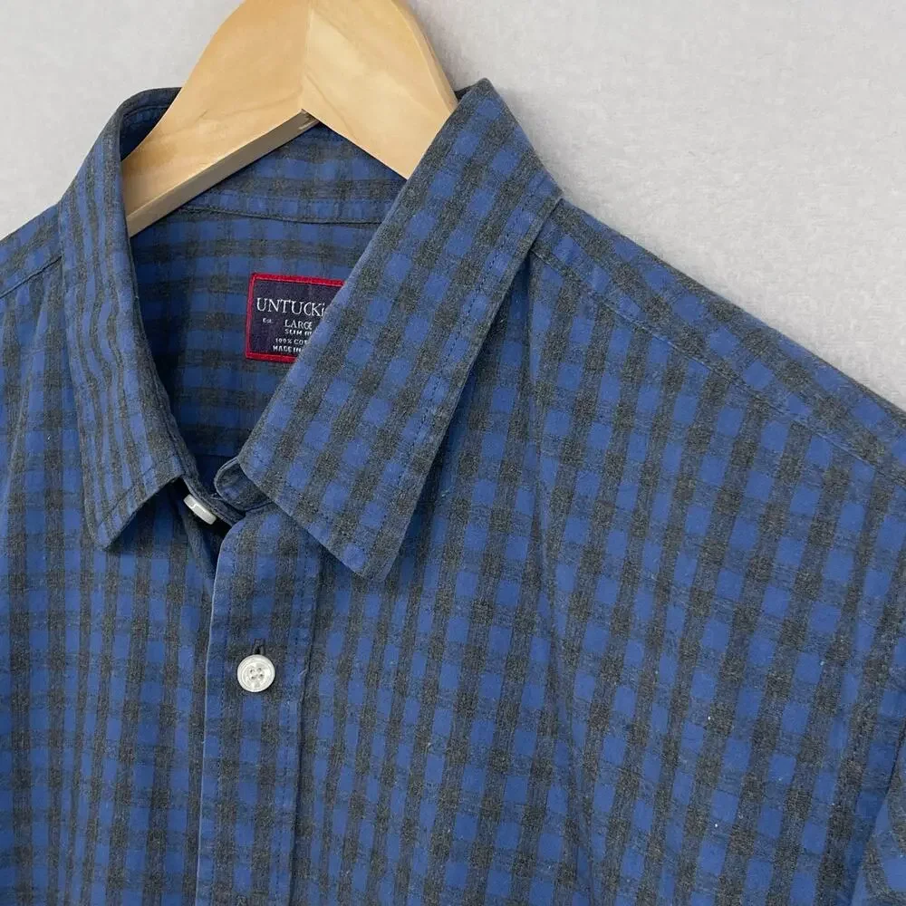 UNTUCKIT Shirt Mens L Gingham Check Slim Fit Button Up Woven Cotton Blue